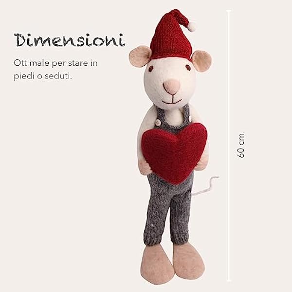 Én Gry & Sif Simpatica decorazione invernale fatta a mano in feltro, decorazione natalizia in feltro, decorazione natalizia Fair-Trade, statuetta decorativa da appoggiare, bianco, 60 cm, cuoricini